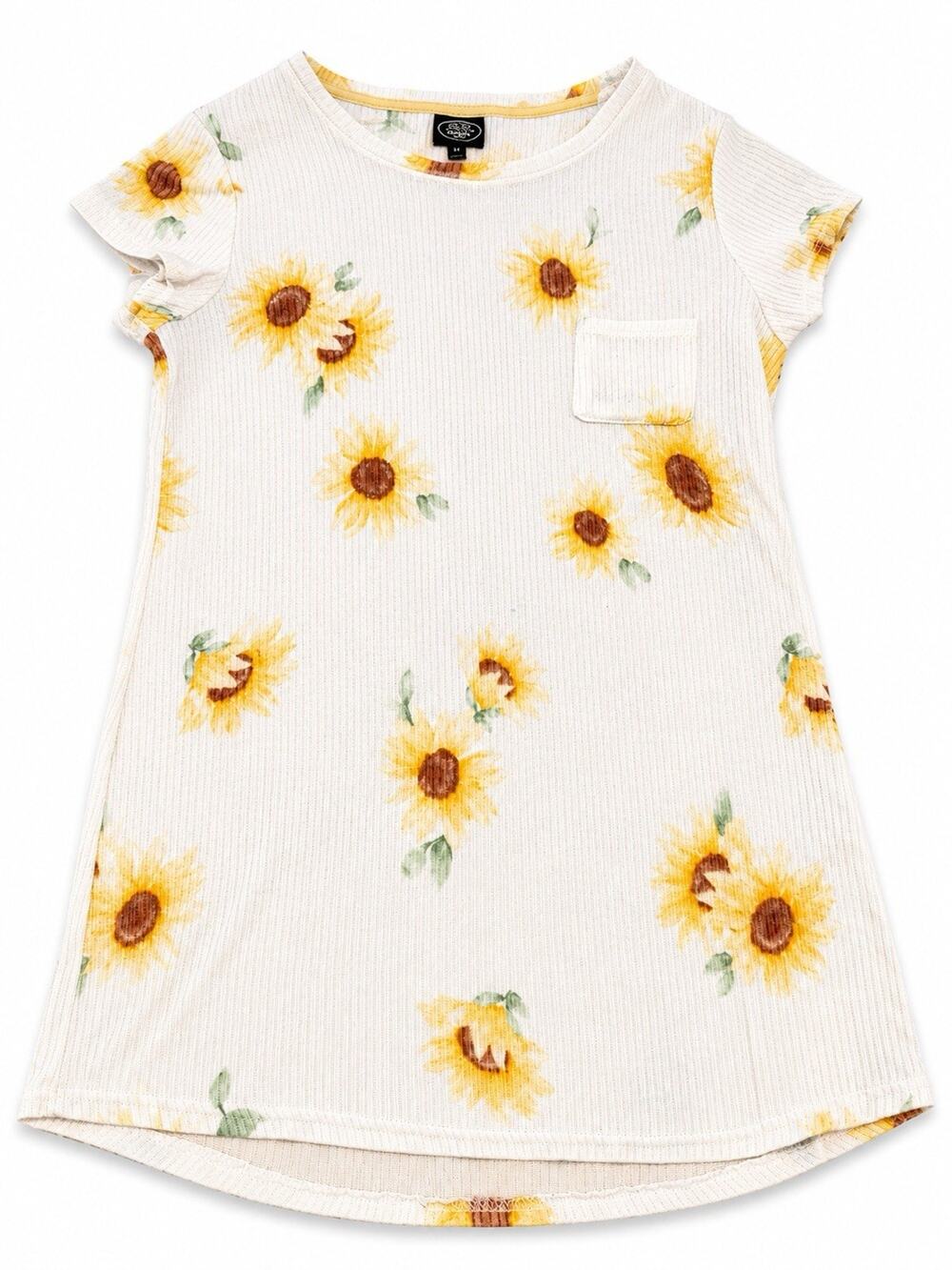 Girls Sunflower Ribbed Dress White Yellow Short Sleeve Size M